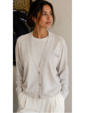 PESERICO Beige Cardigan with Silver Embellishment, Size 10 Italian Quiet Luxury
